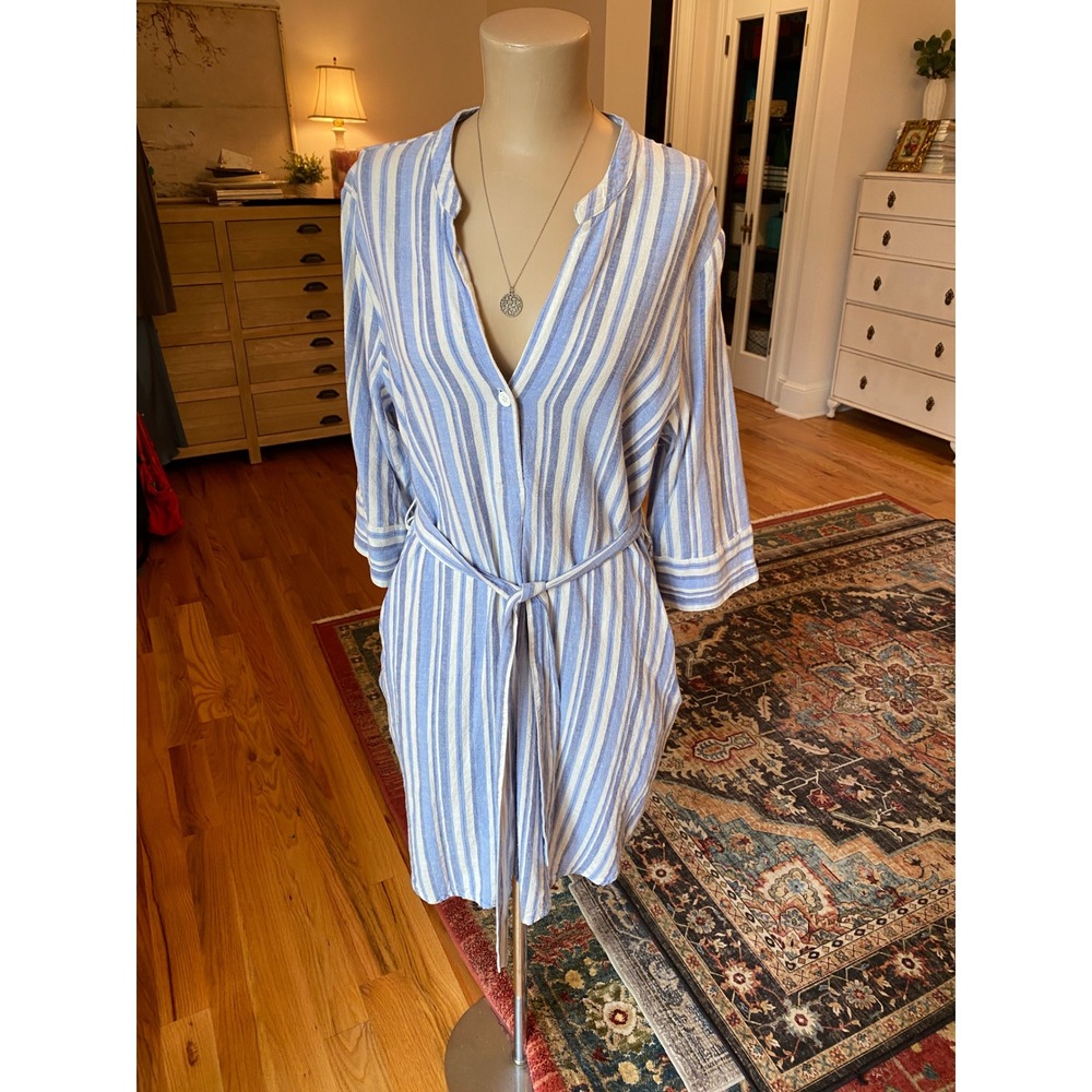 Dex Blue White Striped Linen‎ Blend Tie Waist Shirt Dress Womens Large